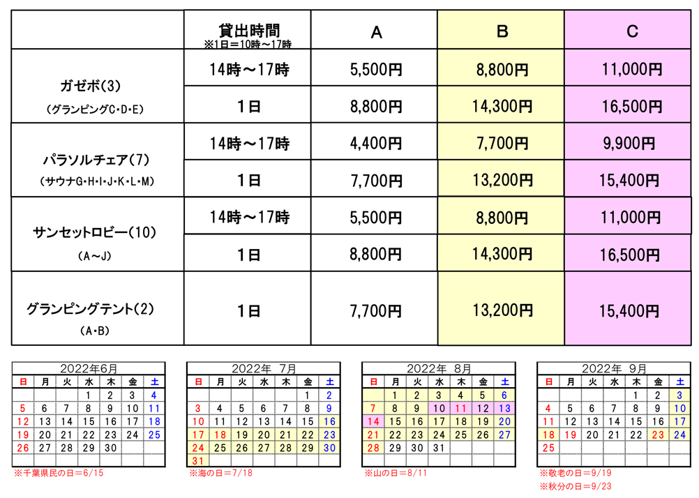 2022年夏季シーサイドエリア レンタル価格表